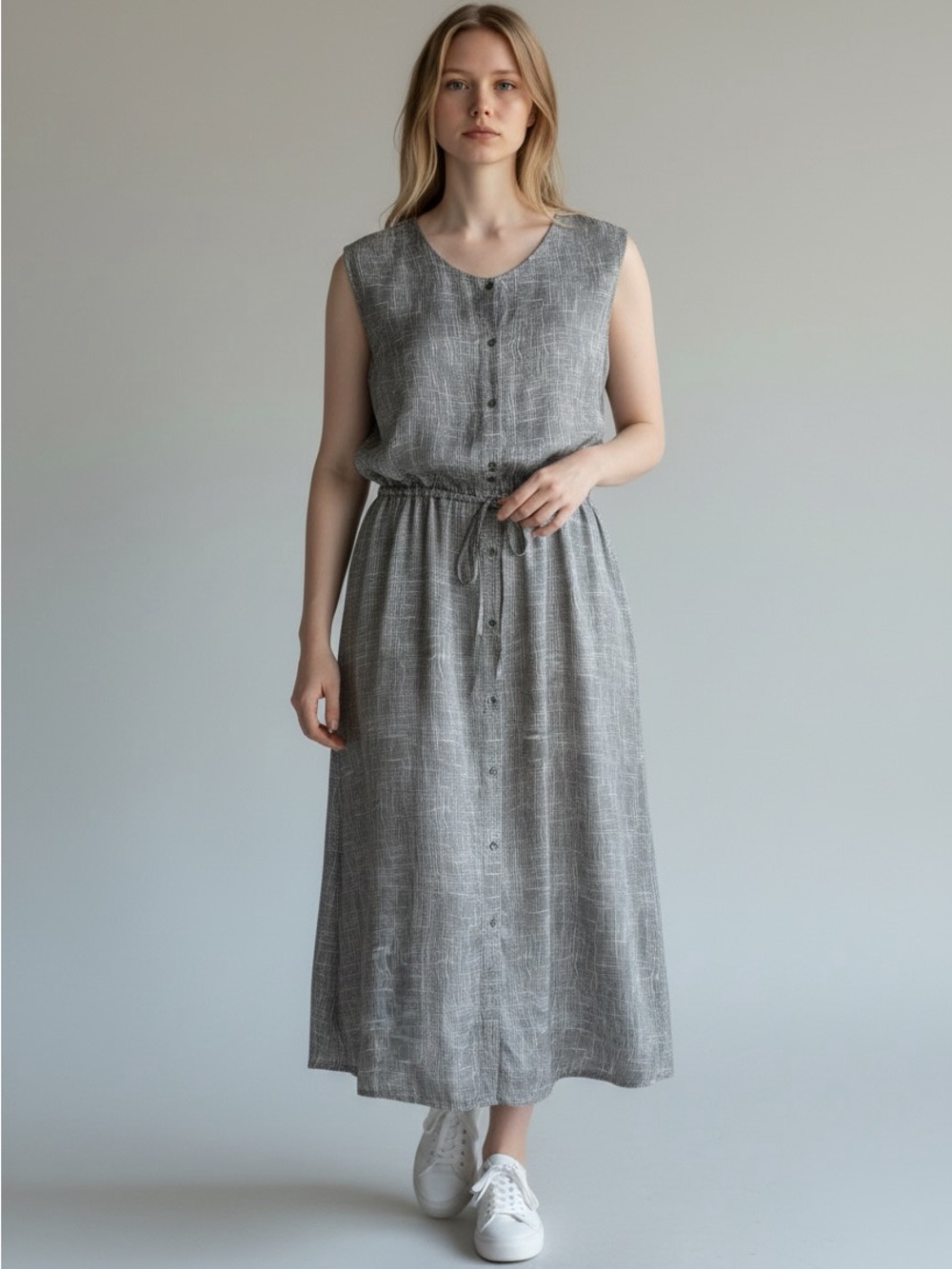 Eileen Fisher Sleeveless Gray Button front shift Midi Dress